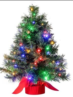 Green Mini Holiday Tree with Multicolor Lights and Red Fabric Base